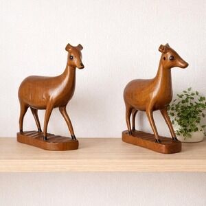 Vintage Hand Carved Wooden Deer Bookends Rustic Lodge Cabin Decor Pair
